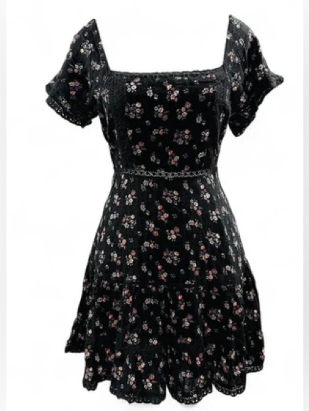 American Eagle Floral Babydoll Mini Dress Black Puff Sleeve Lace Trim Size S NWT - Picture 4 of 8